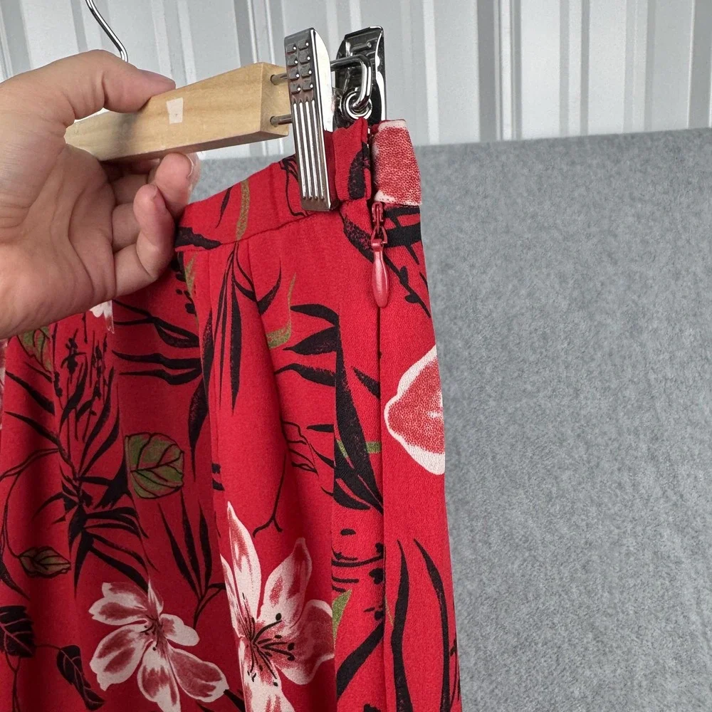 Pendleton Midi Skirt Womens 16P Red Floral Tropical High Low Ruffle Hem Tropical